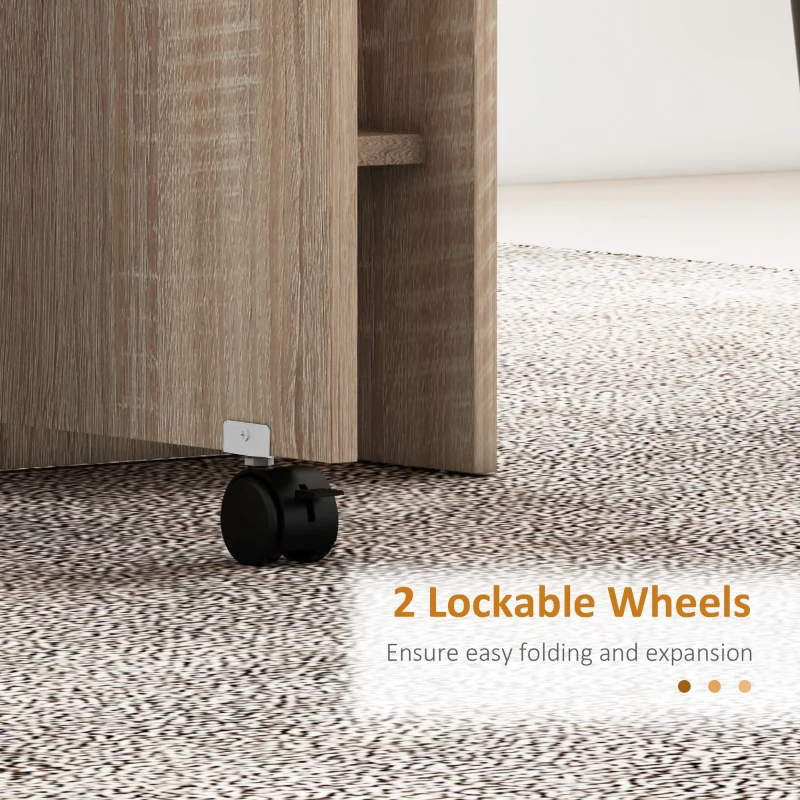 HOMCOM 80-140 cm Folding Dining Table for 4-6 People, Drop Leaf Table with 2-Tier Shelves, Rolling Casters, for Small Spaces, Kitchen, Flat, Dining Room, Natural