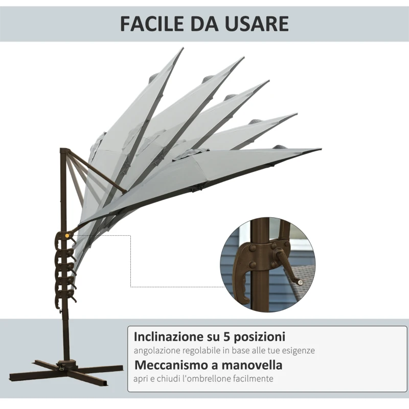 Outsunny Ombrellone da Giardino a Manovella e a 8 Stecche con Angolazione Regolabile, Ø2.95x2.5 m, Grigio