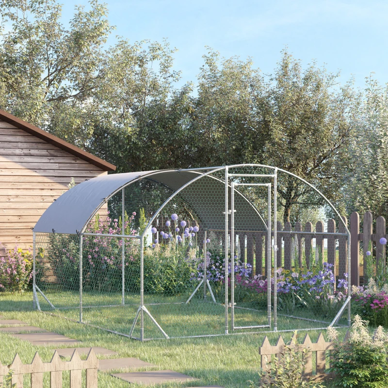 PawHut Coteț pentru Găini de Exterior, 2.8x3.8x2m Recintă din Oțel Zincat cu Acoperiș Impermeabil Anti-UV și Încuietoare, Găini, Iepuri și Rațe