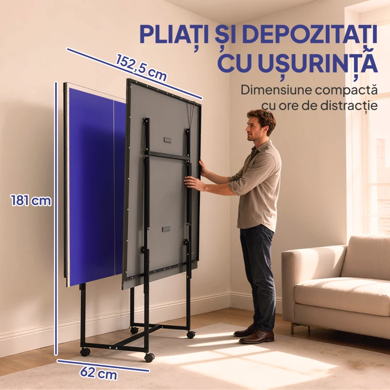 SPORTNOW Masă de Ping Pong Pliabilă cu Roți, Plasă și Palete pentru Interior