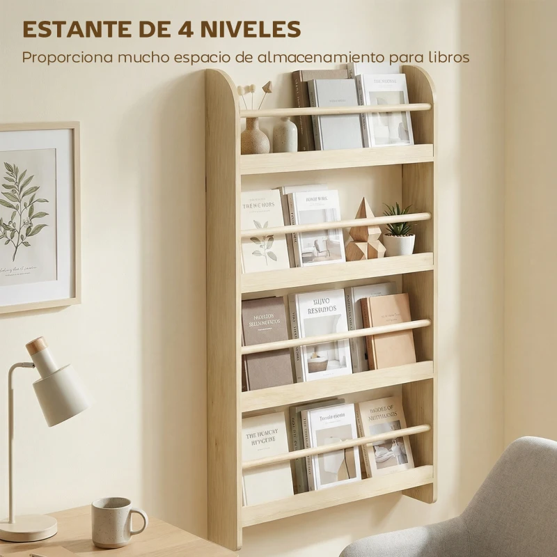 HOMCOM Estantería de Pared de Libros con 4 Estantes Librería Infantil para Hogar Oficina Carga 30kg 59x12x113cm Natural
