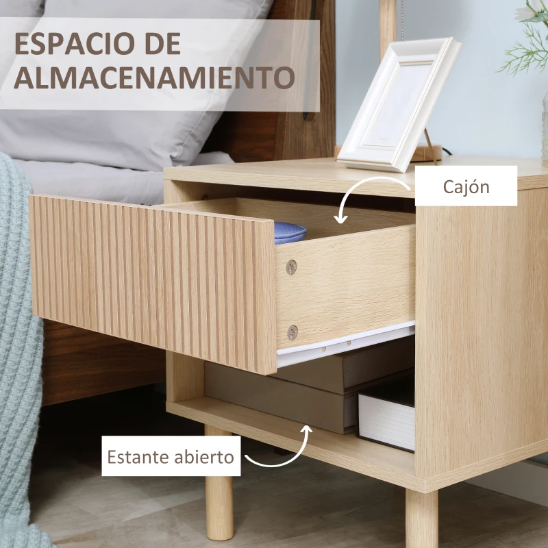 HOMCOM Mesita de Noche Mesilla de Noche con Cajón y Estante Abierto Estilo Moderno para Dormitorio 47x47x50 cm Madera Natural