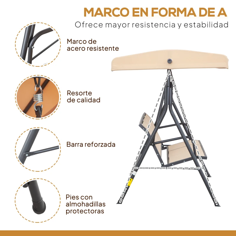 Outsunny Columpio de Jardín Exterior de 3 Plazas con Toldo Reclinable Respaldo Transpirable Marco de Acero 175x118x159 cm Beige