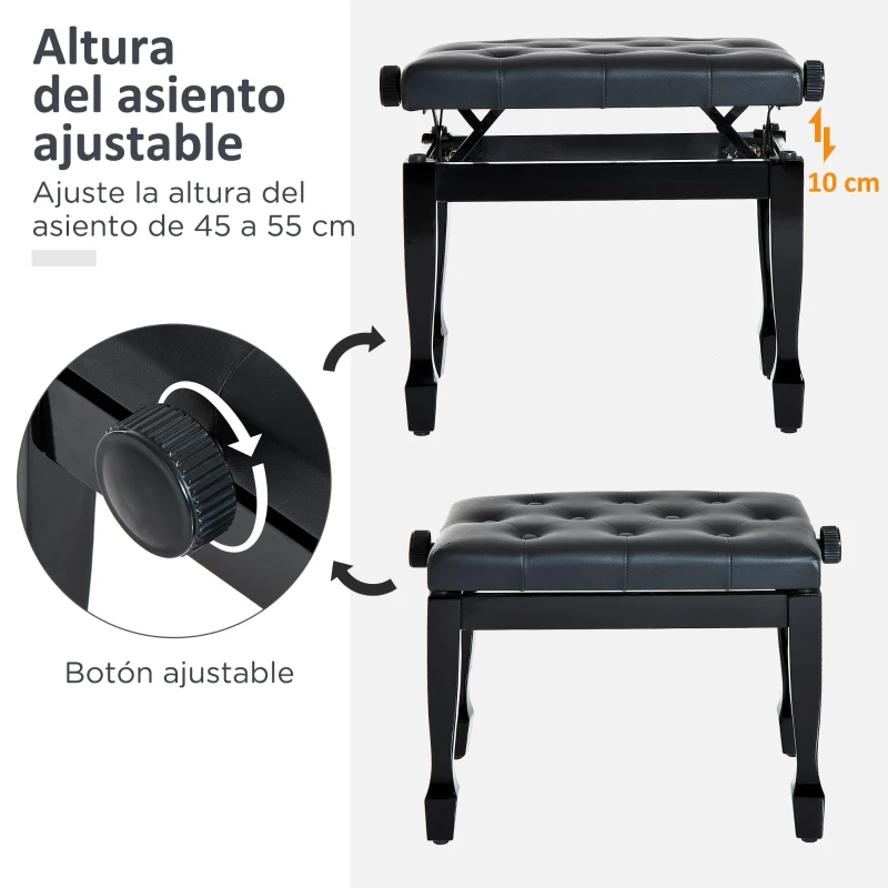 HOMCOM Banco de Piano Altura Ajustable Banqueta de Piano Asiento de Cuero Sintético Patas de Madera 64x35x55 cm Negro