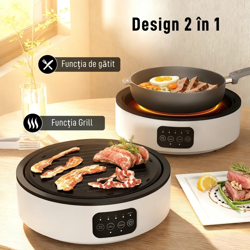 HOMCOM Plită Ceramică Electrică cu Plită de Grătar, Multifuncțională 36cm cu 4 Niveluri de Căldură pentru Toate Tipurile de Oale