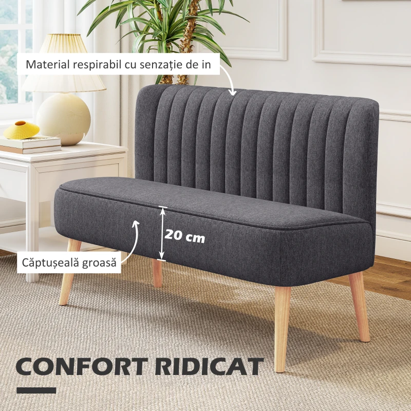 HOMCOM Canapea 2 Locuri din Material Textil fără Brațe cu Cusături, Canapea Compactă Modernă cu Picioare din Lemn de Cauciuc pentru Living, 117x56.5x77 cm, Gri Închis