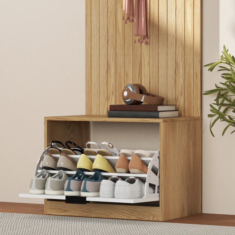 HOMCOM Mobile da Ingresso con Panca Scarpiera e Appendiabiti con 4 Ganci, 60x30x170 cm, Rovere e Bianco