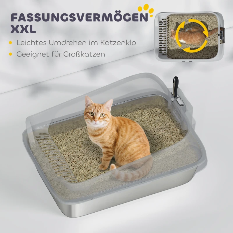PawHut Katzentoilette Edelstahl Offene Katzenklo mit Schaufel hohem Rand für große Katzen bis 12 kg 69,8 x 50,3 x 29,8 cm Grau