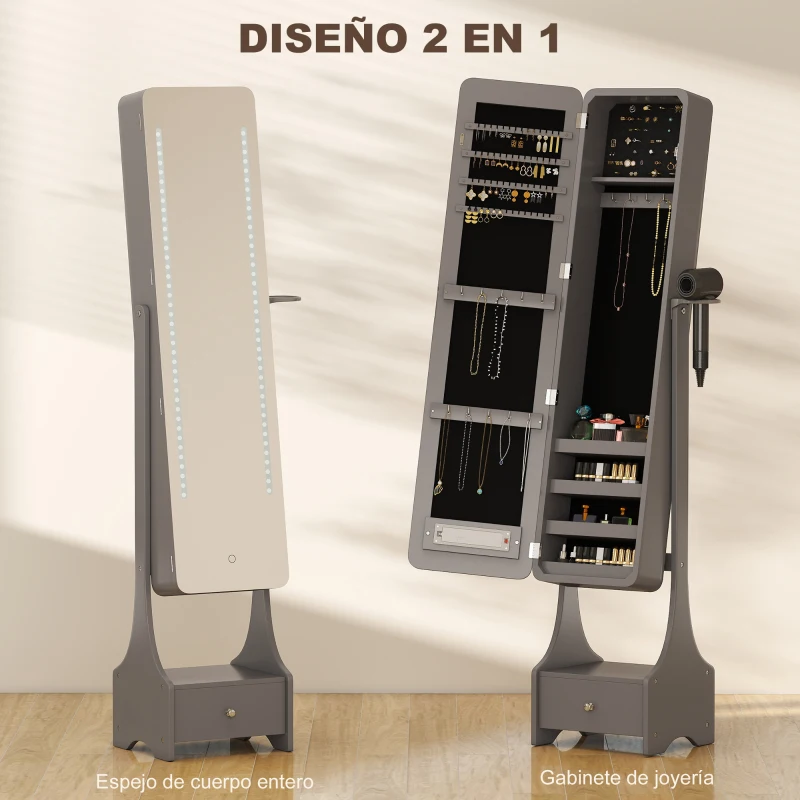 HOMCOM Espejo Joyero con Luces LED Armario Joyero con Espejo Entero de Ángulo Ajustable Cajón Luces Apagado Automático Gris