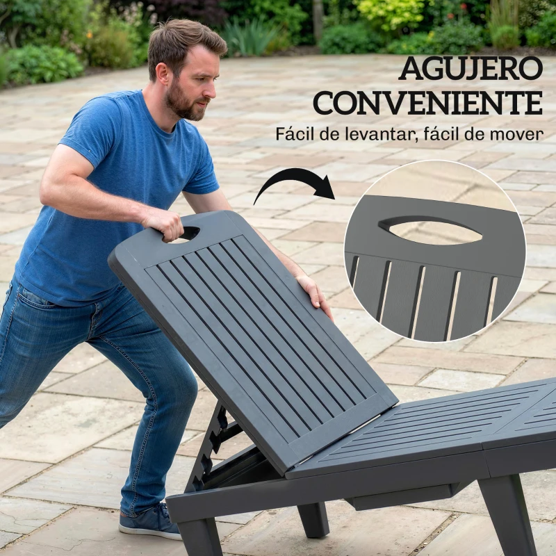 Outsunny Conjunto de 2 Tumbonas Reclinables de Plástico PP con Bandeja Lateral Respaldo Ajustable 5 Niveles 192x57x28,5 cm Gris