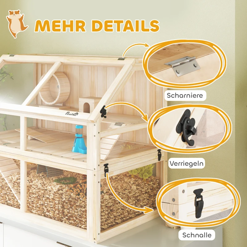 PawHut Hamsterkäfig aus Holz 3 Etagen Nagerkäfig Kleintierkäfig mit Wippe Laufrad Hütte 95 x 53 x 76 cm Naturholz