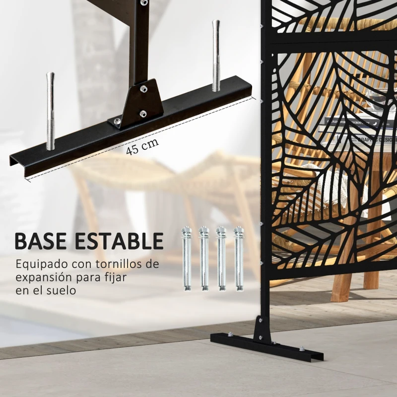 Outsunny Biombo de 3 Paneles 122x198 cm Biombo Separador de Ambientes con Soporte Diseño de Hojas Grandes Negro