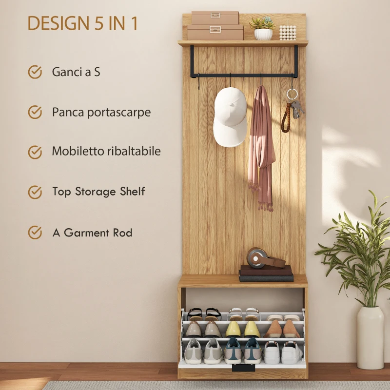 HOMCOM Mobile da Ingresso con Panca Scarpiera e Appendiabiti con 4 Ganci, 60x30x170 cm, Rovere e Bianco