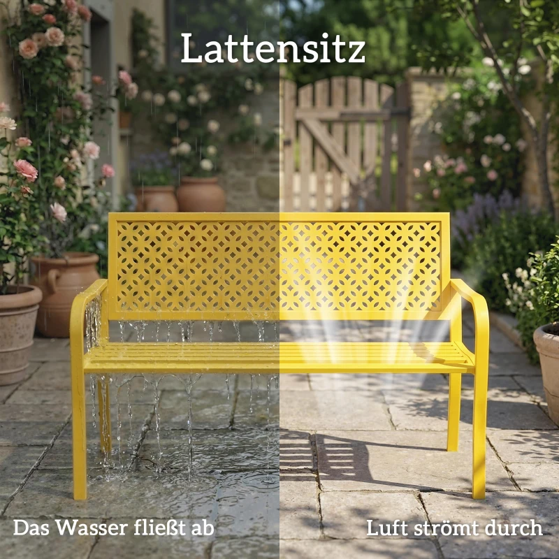 Outsunny 2-Seater Metal Garden Bench Weatherproof Outdoor Seat with Rust-Resistant Backrest, Geometric, Up to 240 kg