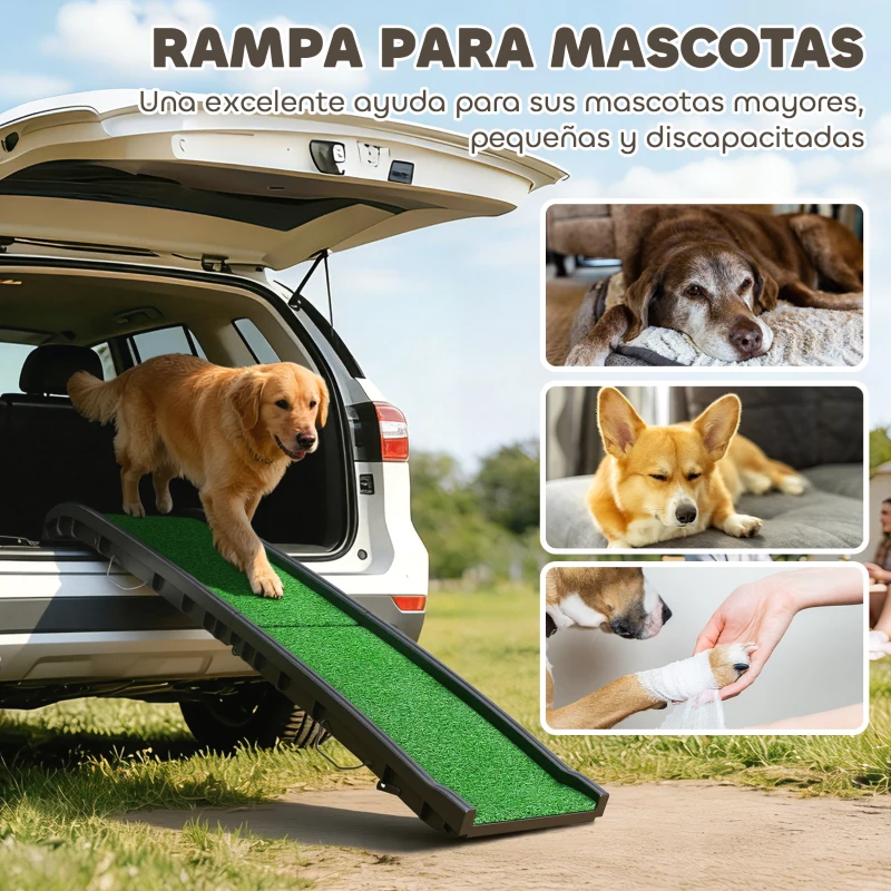PawHut Rampa para Perros con Césped Artificial 155 cm Rampa para Perros para Coche Plegable con Asa Ángulo Ajustable Verde