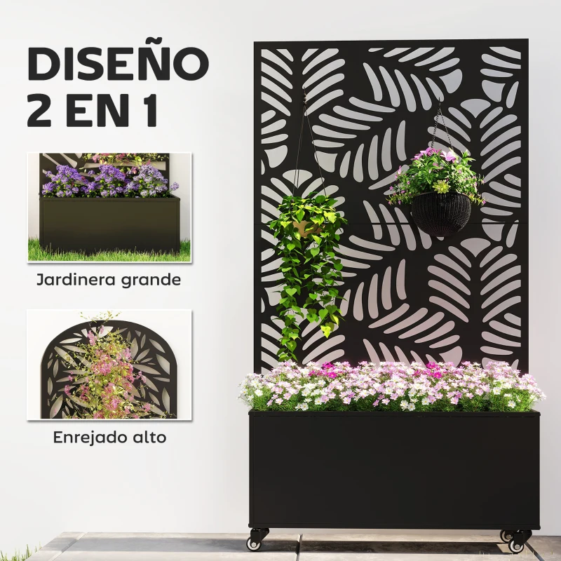 Outsunny Jardinera Exterior Grande con Ruedas Pantalla de Privacidad de Hojas de Monstera Marco Metal 90x30x160 cm Negro