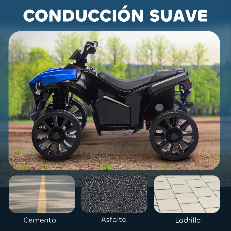 AIYAPLAY Quad Eléctrico para Niños 6 V Quad para Niños de 37 a 72 Meses Velocidad hasta 3 km/h Faros y Música 70x42x45 cm Azul