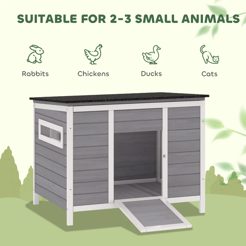 PawHut Abrigo para patos resistente ao tempo Casa para patos em madeira com piso removível Janelas de correr Telhado de asfalto rebatível 93x70x72cm Cinza