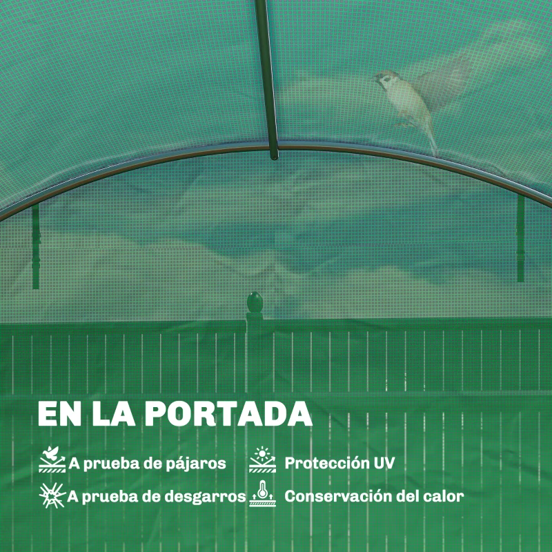 Outsunny Invernadero de Túnel con 2 Varillas de Soporte 2 Puertas Enrollables y Ventanas de Malla Cubierta de PE Anti-UV Verde