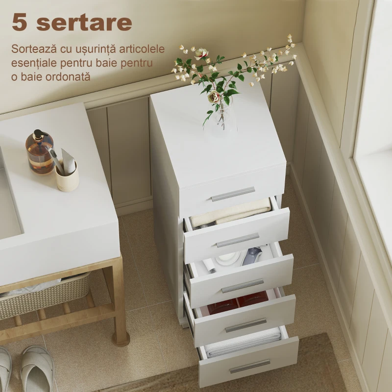 HOMCOM Comodă Slim cu 5 Sertare, Comodă Modernă pentru Baie, Dormitor sau Bucătărie, 30x30x95 cm, Alb
