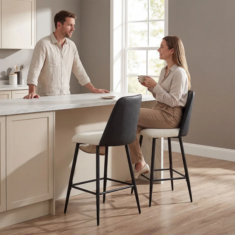 HOMCOM Conjunto de Bancos Altos de Cozinha com Encosto e Descanso para os Pés Revestidos em Linho e PU Estrutura de Aço Preto