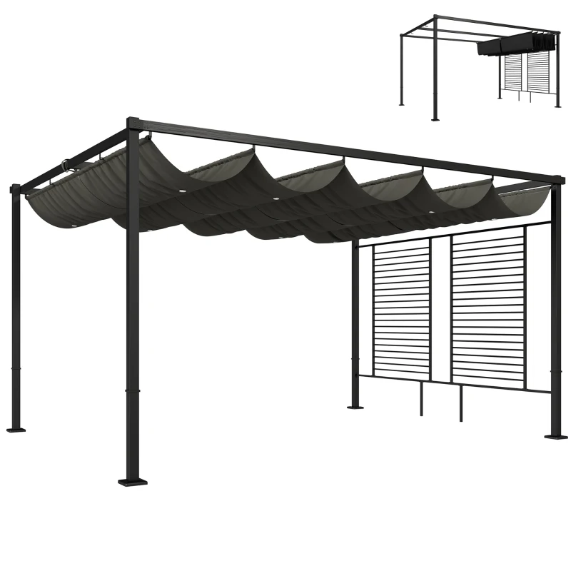 Outsunny Pérgola de Jardín 4x3 m con Techo Retráctil 2 Paneles de Privacidad UPF50+ Cenador de Jardín para Patio Exterior Gris