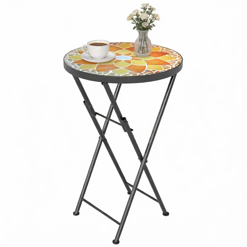 Outsunny Mosaic Outdoor Garden Table, 35.5cm Round Folding Coffee Table with Metal Frame for Balcony Terrace, Yellow
