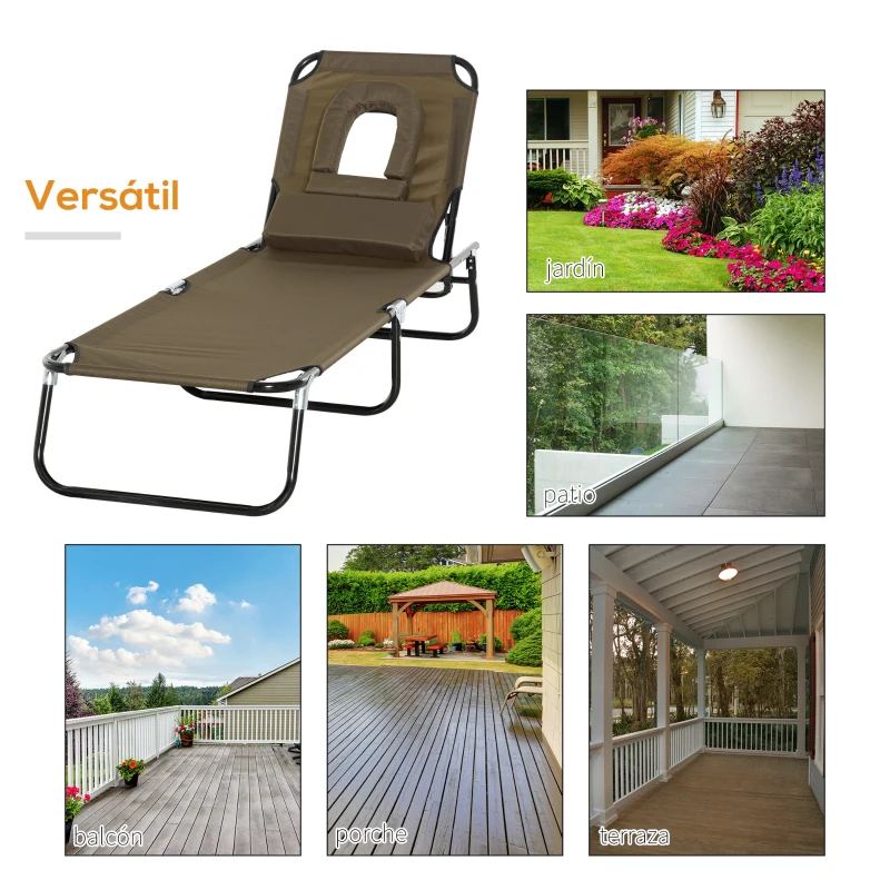 Outsunny Tumbona Plegable con Respaldo Regulable 4 Posiciones con Orificio de Lectura Almohada Tela Oxford 190x56x28 cm Marrón