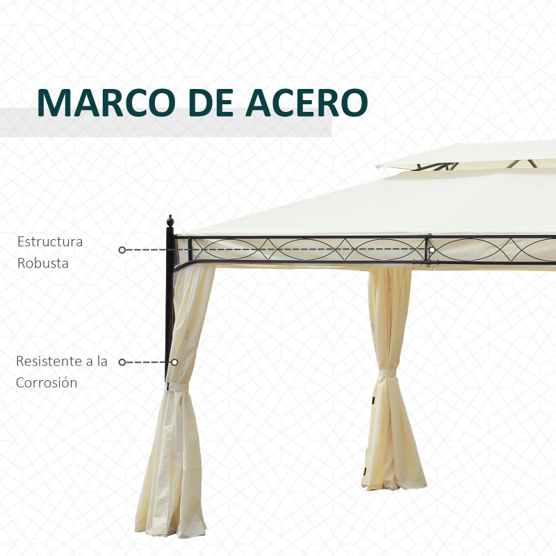 Outsunny Cenador de Jardín 4x3m con Doble Techo Estructura de Acero Anti-UV para Exterior Patio 400x300x280 cm Crema