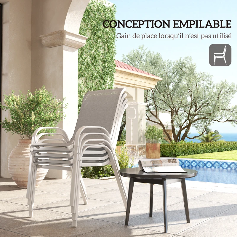 Outsunny Lot de 4 chaises de jardin, chaises empilables, dossier haut incliné, tissu en maille respirante, cadre en acier, gris