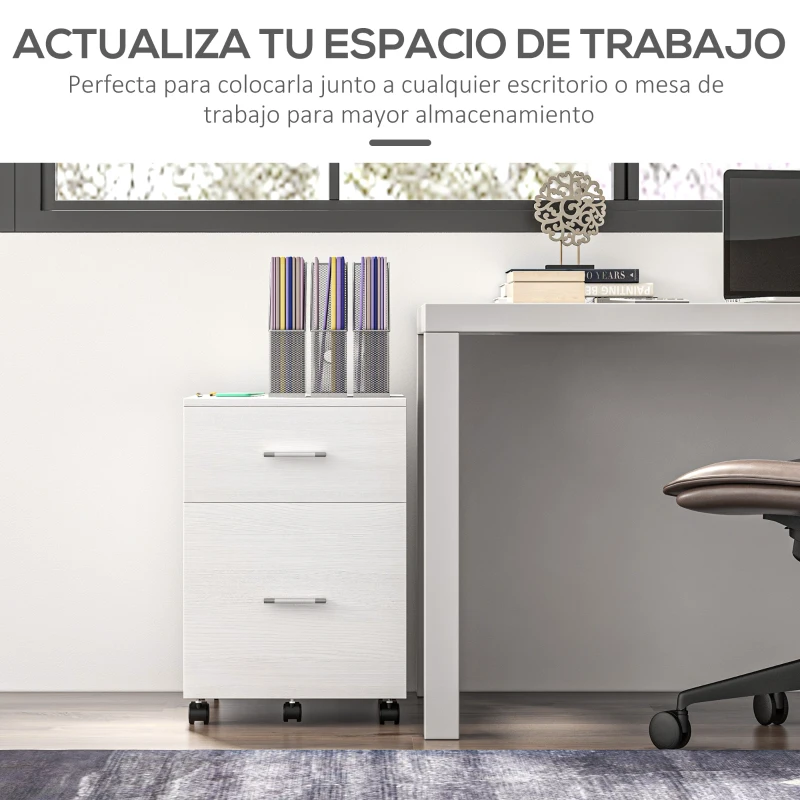 HOMCOM Cajonera de Escritorio con 2 Cajones Ruedas Archivador Móvil para Archivos A4 o Cartas 39,5x39x58,5 cm Blanco