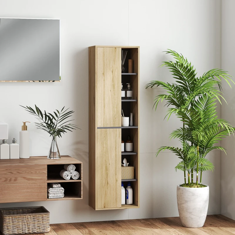 HOMCOM Columna de Baño de Pared Armario de Baño con Compartimentos Abiertos y 2 Puertas 40x24x141,5 cm Natural
