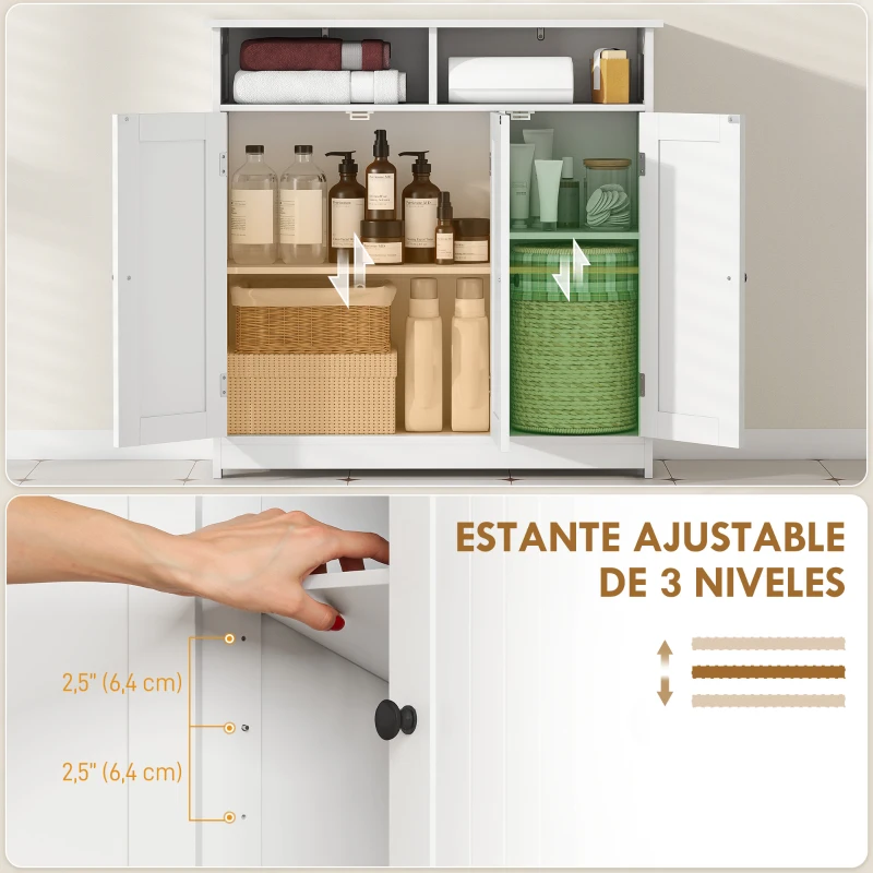 HOMCOM Armario de Baño Estrecho con 3 Puertas 2 Compartimentos Abiertos Estante Ajustable 85x30x85 cm Blanco