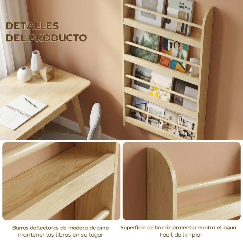 HOMCOM Estantería de Pared de Libros con 4 Estantes Librería Infantil para Hogar Oficina Carga 30kg 59x12x113cm Natural