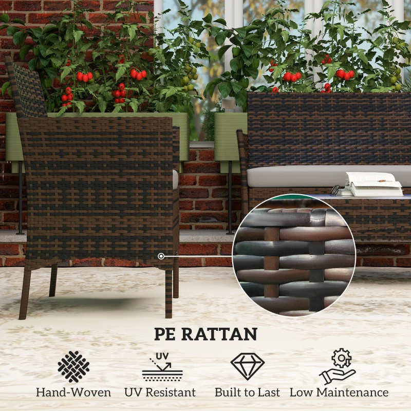 Outsunny Conjunto Muebles Jardín de Ratán Sintético con Sofá Sillones y Mesa de Vidrio Templado y Cojines Marrón y Gris