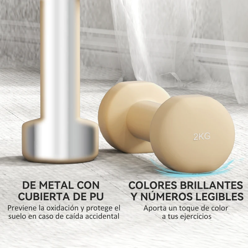 HOMCOM Juego de Mancuernas de 8 Piezas 2x0,5 kg 2x1 kg 2x1,5 kg 2x2 kg Antideslizantes y Estuche de Transporte Multicolor