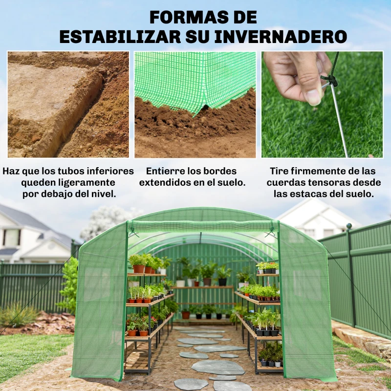 Outsunny Invernadero de Túnel 6x3x2 m con 3 Puertas Enrollables 6 Ventanas de Malla y Estructura de Acero Galvanizado Verde