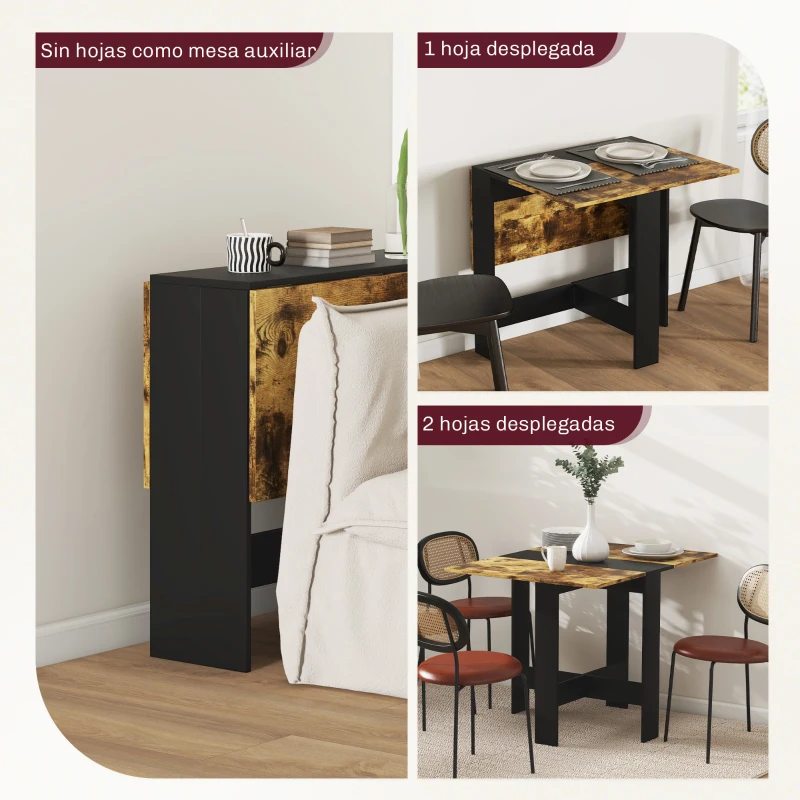 HOMCOM Mesa Plegable de Comedor Mesa de Cocina con Alas Abatibles para Espacio Pequeño 103x76x73,5 cm Negro y Marrón Rústico