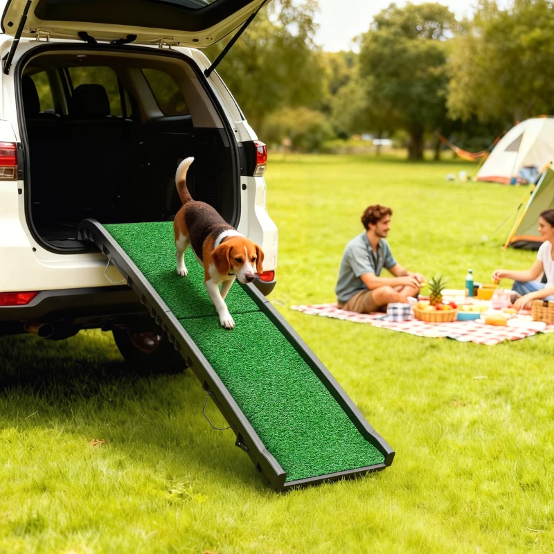 PawHut Rampa para Perros con Césped Artificial 155 cm Rampa para Perros para Coche Plegable con Asa Ángulo Ajustable Verde