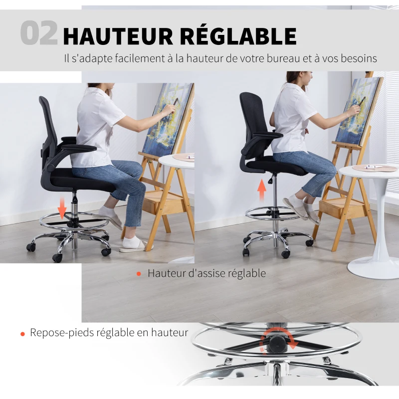 HOMCOM Chaise bureau ergonomique, chaise de dessin, support lombaire 4D, accoudoirs relevables, 60 x 60 x 108-132 cm, noir