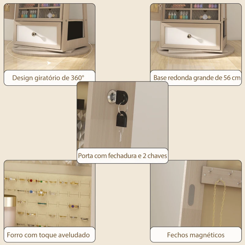 HOMCOM Espelho de Pé Giratório 360° com Espelho com Interior Iluminado Organizador de Jóias com Prateleiras e Gavetas 56x56x164 cm Madeira