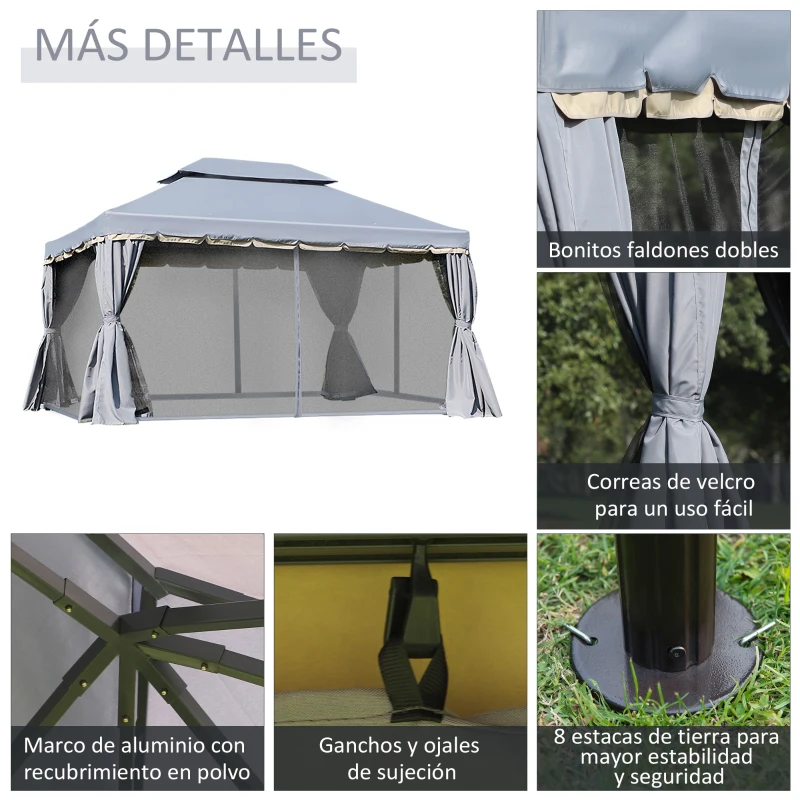Outsunny Cenador de Jardín 4x3m Pabellón de Jardín Gazebo con Doble Techo Estructura de Aluminio UPF50+ para Exterior Gris