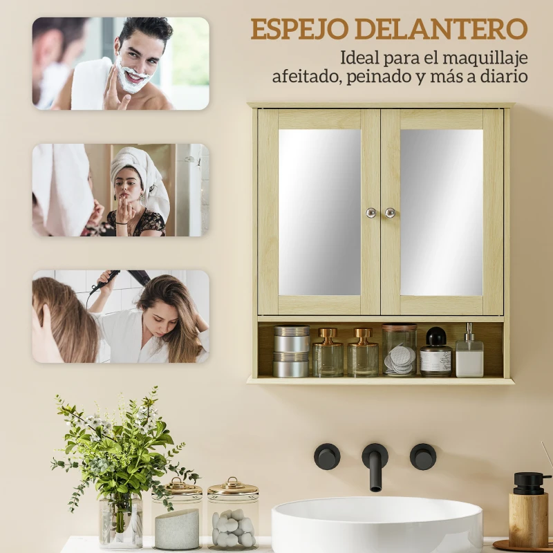 kleankin Armario de Baño con Espejo Armario de Pared con 2 Puertas Estante Abierto Estante Ajustable 56x13x58cm Natural