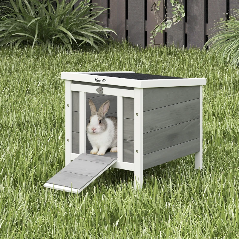 PawHut Conejera de Madera Exterior Jaula Caseta para Roedores Mascotas Pequeñas con Techo Asfáltico Se Puede Abrir y Rampa Antideslizante 42x51x43 cm Gris