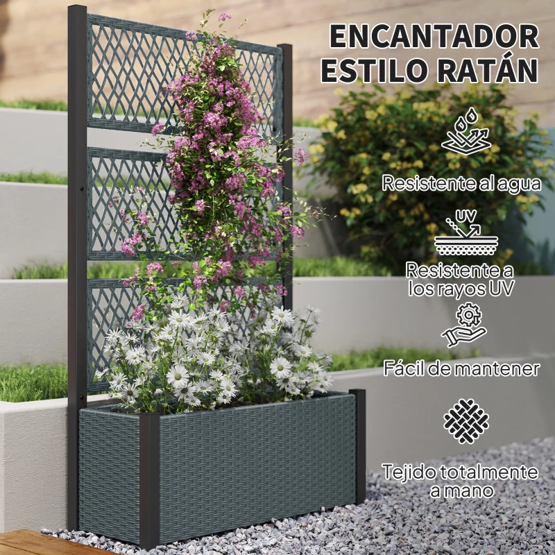 Outsunny Jardinera con Enrejado de Ratán Jardinera Exterior Grande para Plantas Trepadoras Maceta con Forro Gris Oscuro