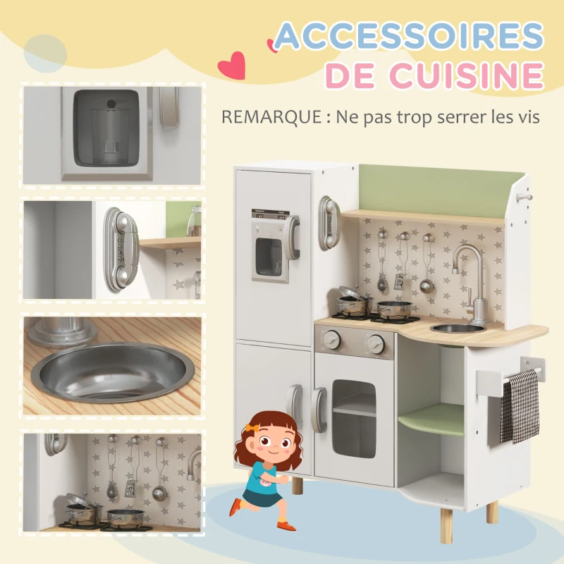 AIYAPLAY Cuisine enfant 3-8 ans jeu d'imitation avec machine à glaçons, évier mobile en acier inoxydable 84 x 34 x 89 cm blanc