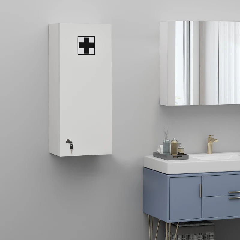 kleankin Botiquín de Pared de Primeros Auxilios 5 Niveles con Estantes Ajustables de Vidrio Cerradura Llaves 30x20x70 cm Blanco