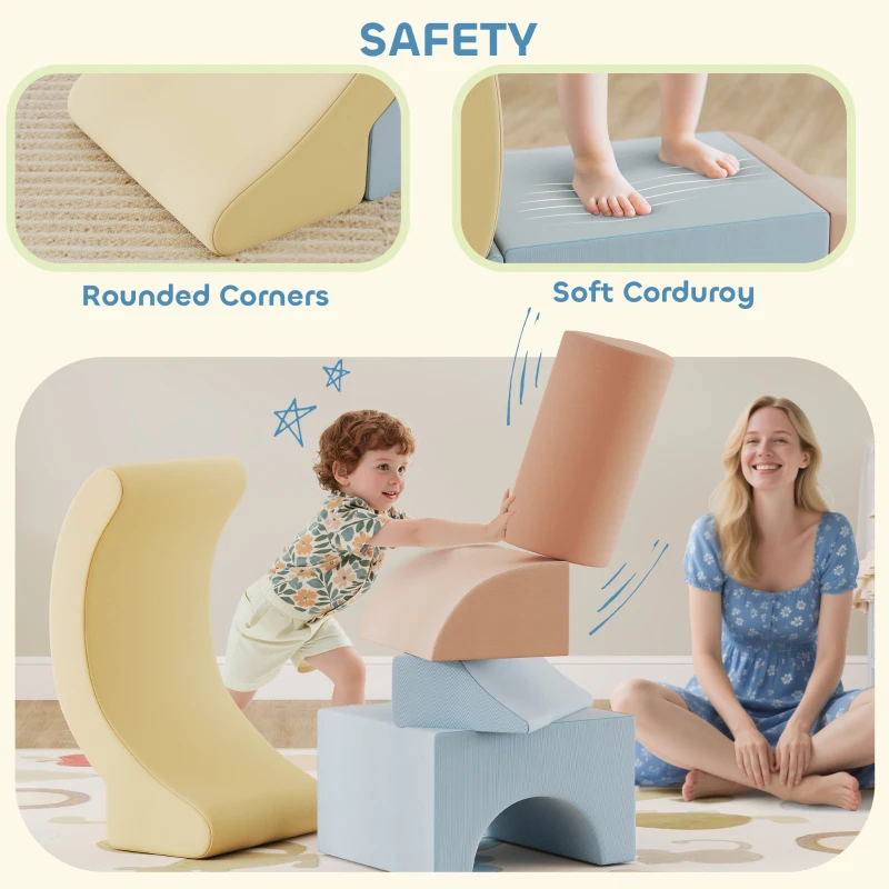 AIYAPLAY Kids Soft Play Set, 5-Piece Baby Foam Climbing Blocks with Corduroy Cover, Lightweight Modular Design for Crawling, Climbing & Creative Play, Blue