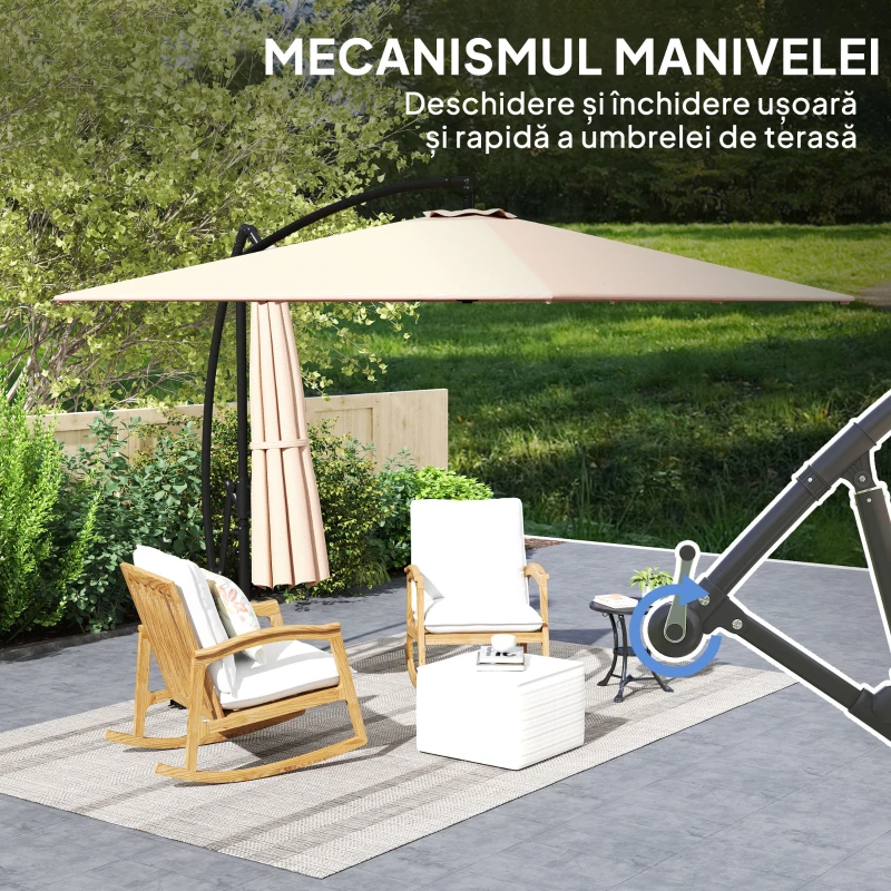 Outsunny Umbrelă Suspendată 2.5x2.5 m cu Acoperire, Corzi Antivânt, Bază în Cruce și Manivelă, Umbrelă de Grădină Inclinabilă și Rotativă 360° din Metal și Poliester 180 g/m², UV50+, Gri