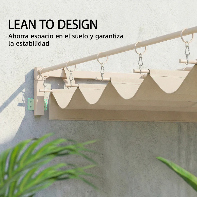 Outsunny Pérgola de Pared de Jardín 3x3 m con Techo Retráctil Protección UPF30+ Drenaje Cenador de Jardín para Exterior Beige